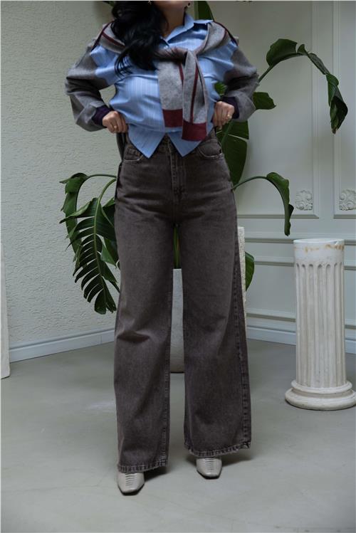 Wide Leg Jean Pantolon Kahve