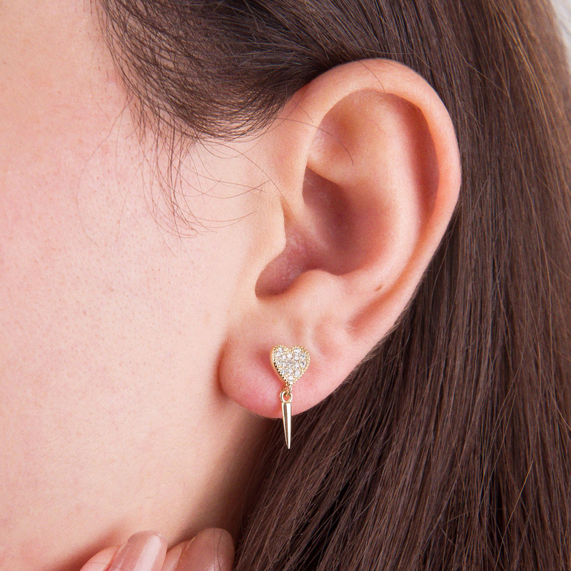 14 Ayar Altın Kalp Taşlı Sallantı Küpe