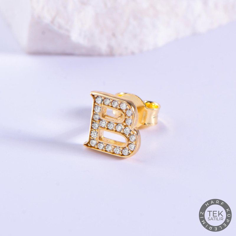 14 Ayar Altın Taşlı B Harf Küpe