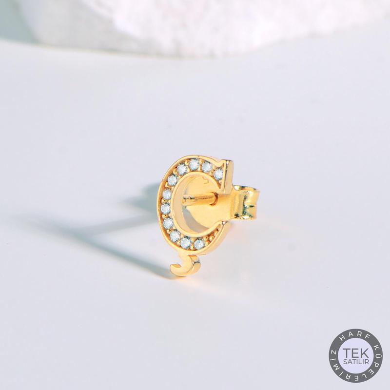 14 Ayar Altın Taşlı Ç Harf Küpe