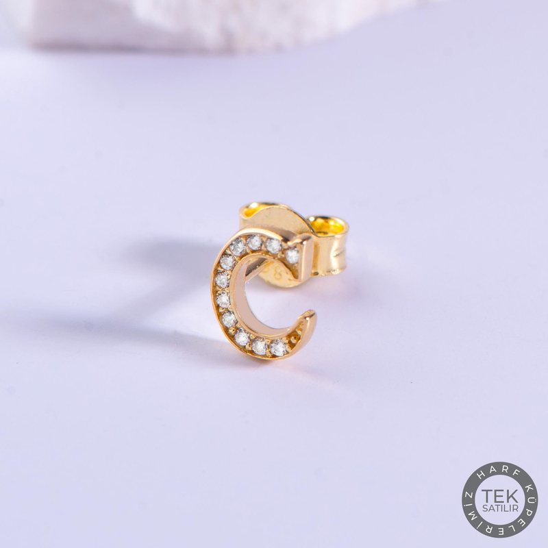 14 Ayar Altın Taşlı C Harf Küpe