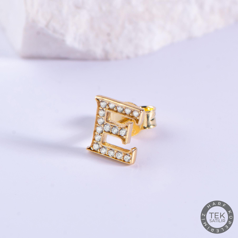 14 Ayar Altın Taşlı E Harf Küpe