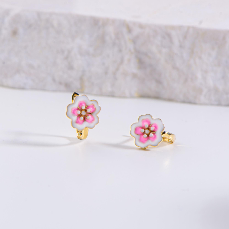 14 Ayar Taşlı Pembe Çiçek Çocuk Altın Küpe