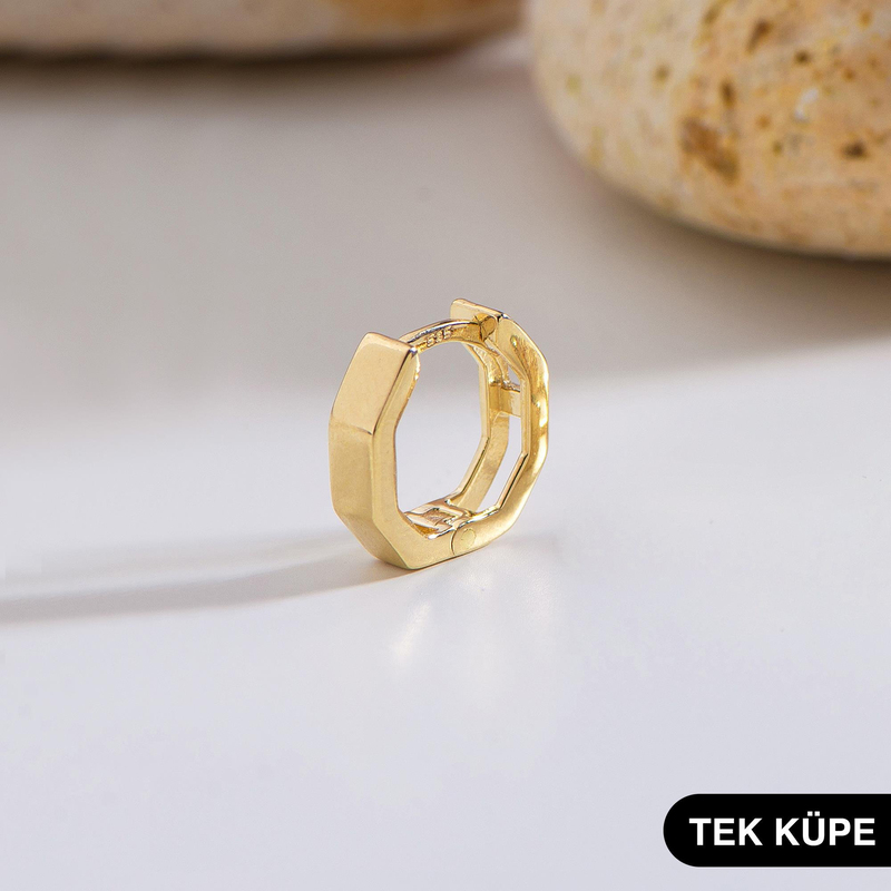 14 Ayar Altıgen Tek Minik Halka Altın Küpe