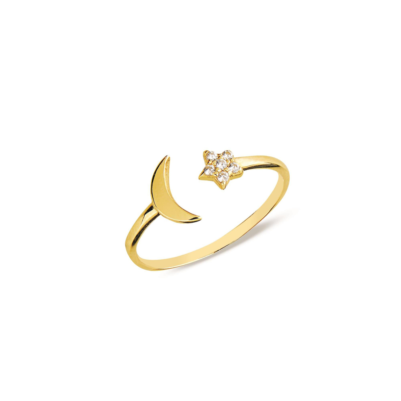 14 Ayar Altın Ay Yıldız Ayarlanabilir Yüzük