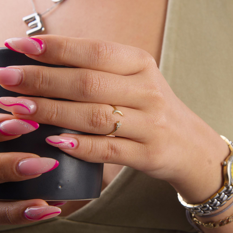 14 Ayar Altın Ay Yıldız Ayarlanabilir Yüzük