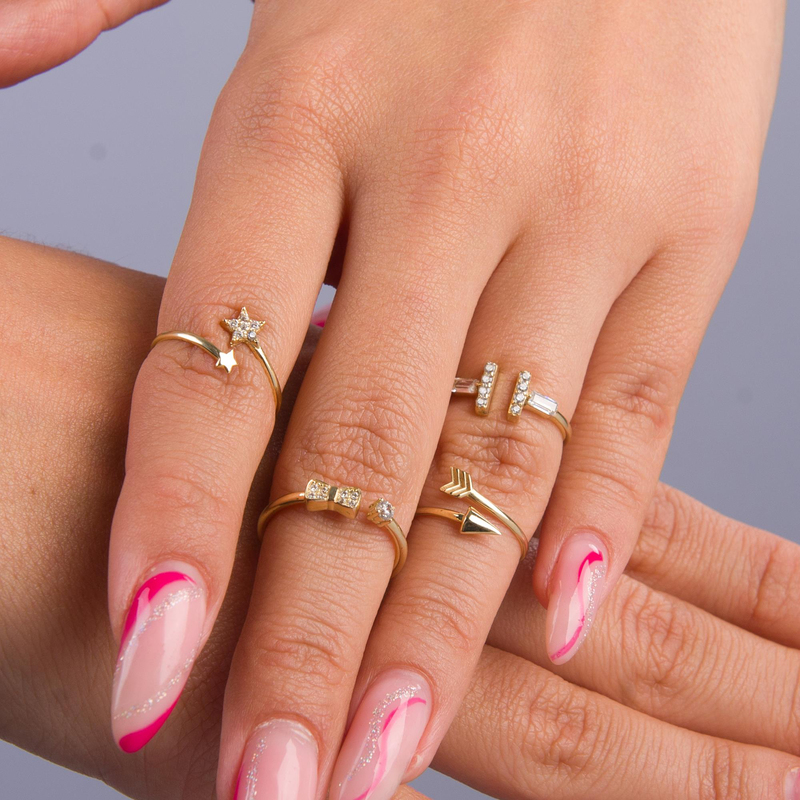 14 Ayar Altın Baget Taşlı Ayarlanabilir Yüzük