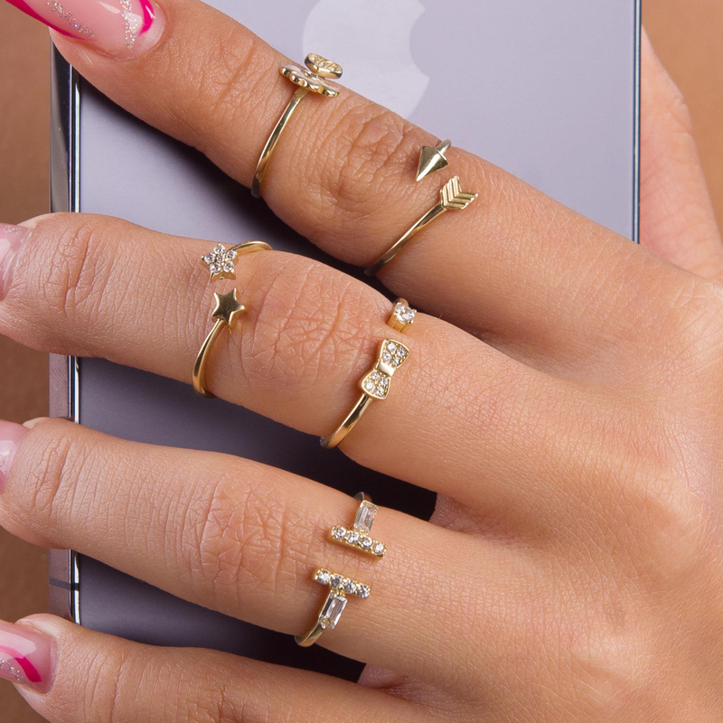 14 Ayar Altın Fiyonk Formlu Ayarlanabilir Yüzük