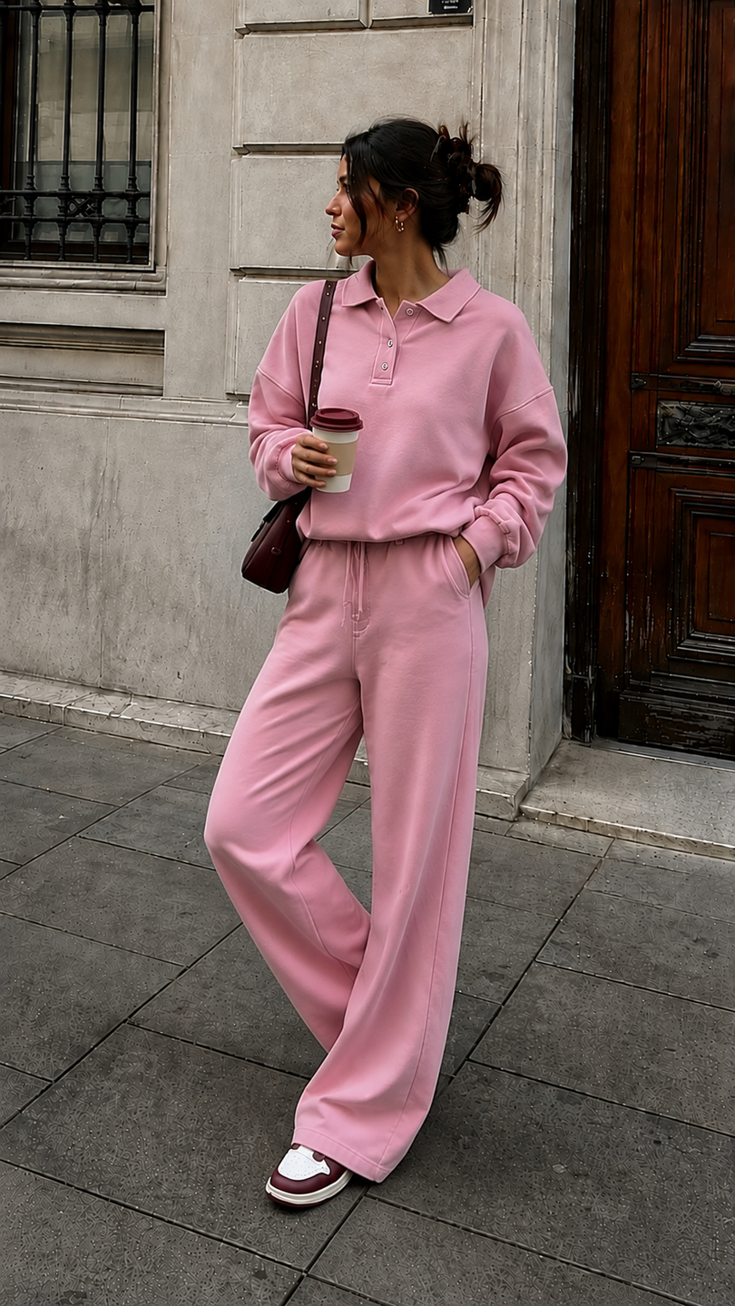 Kadın Pembe Polo Yaka Oversize Sweatshirt Geniş Paça Eşofman Altı İkili Takım