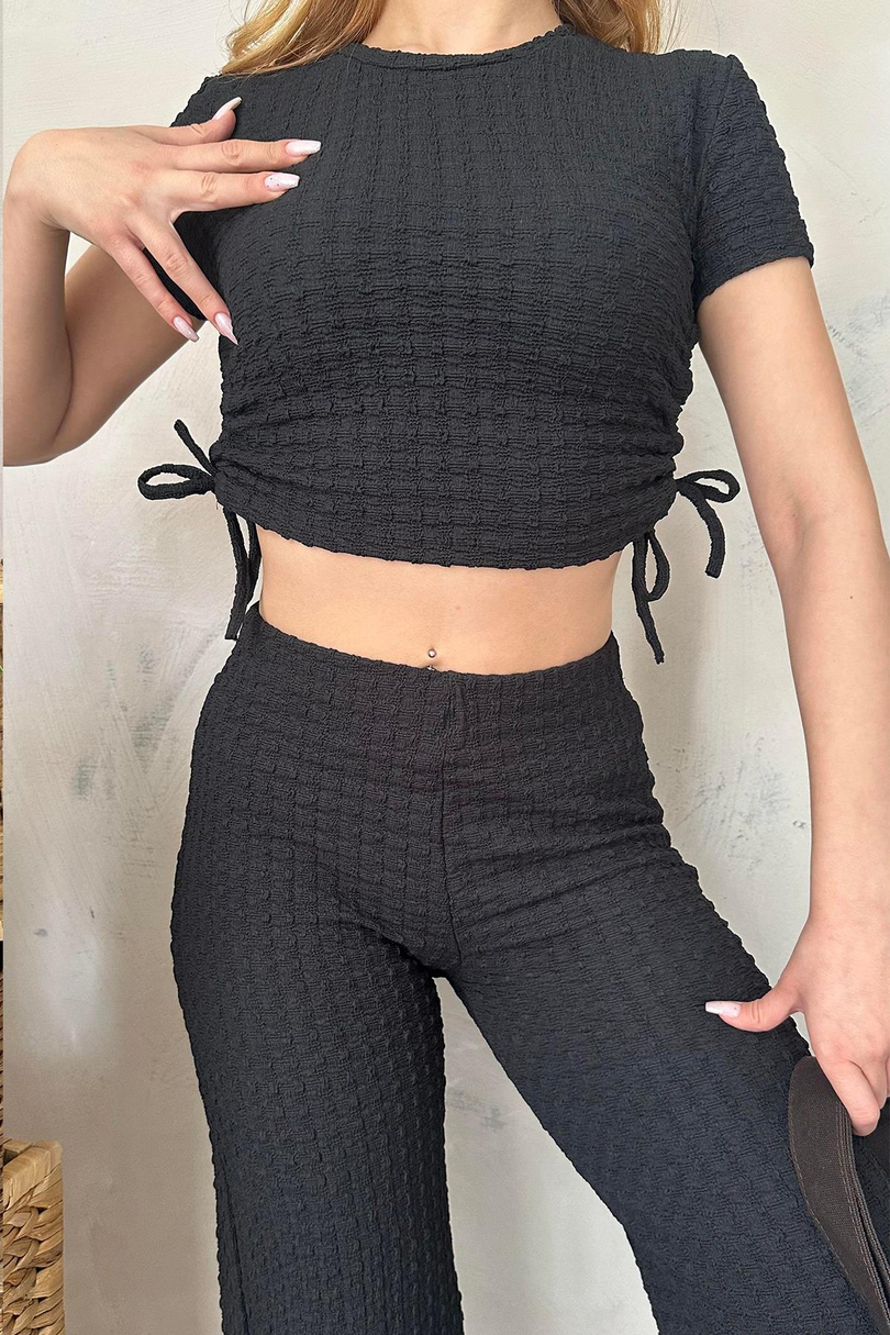 Gofreli Crop Asimetrik Kesim Triko Takım Siyah
