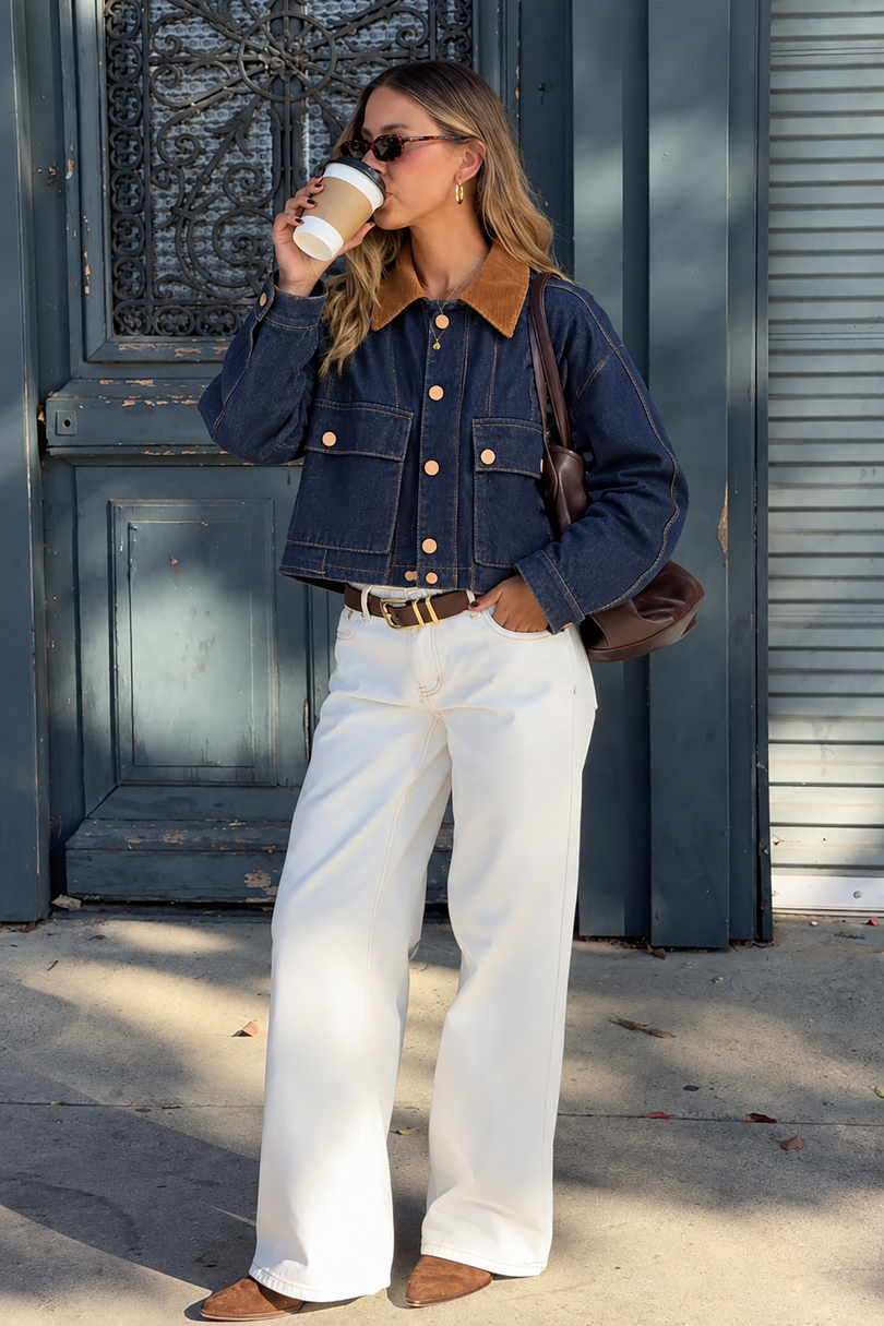 Kadın Kahverengi Kadife Yaka Kısa Denim Ceket Çift Cepli Oversize Jean Ceket 