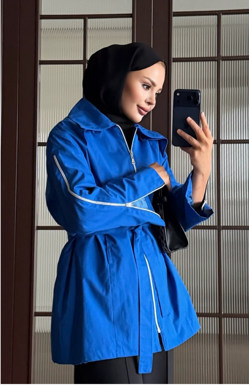 Fermuar Detaylı Trençkot Saks