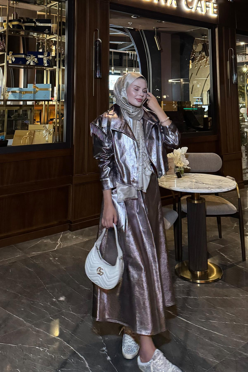 Omzu Taş Detaylı Metalik Azalea  Etekli Takım Bakır