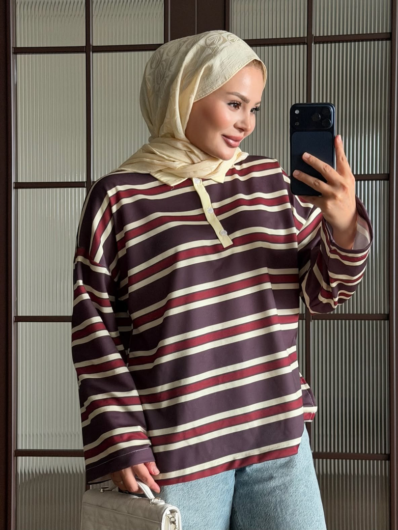 Polo Yaka Çizgili Sweat Bordo