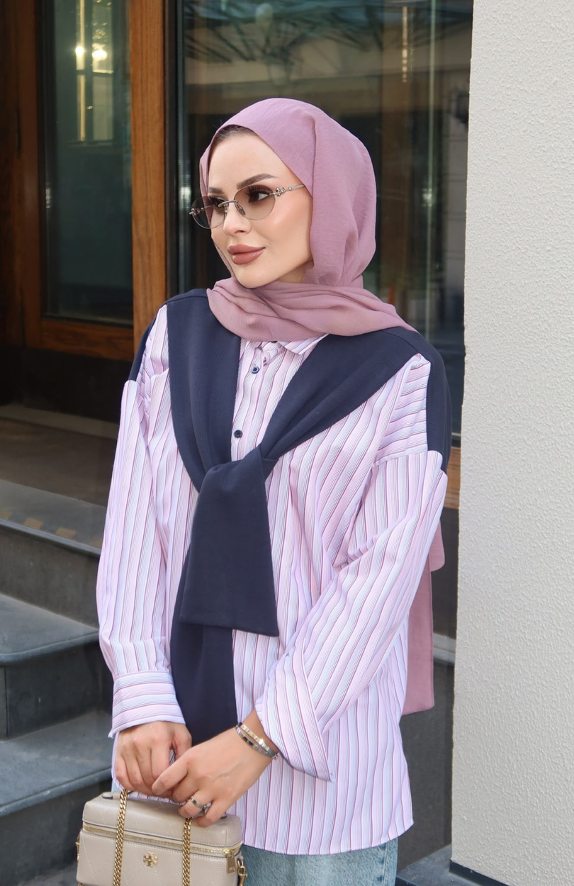 Sweat Detaylı Çizgili Gömlek Pembe