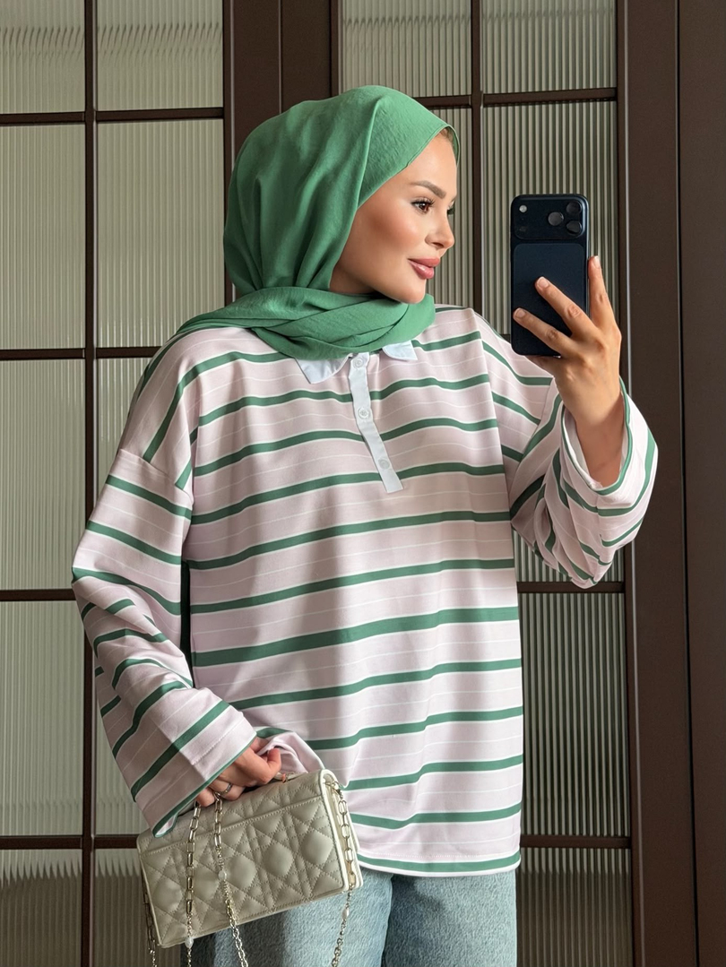 Polo Yaka Çizgili Sweat Yeşil