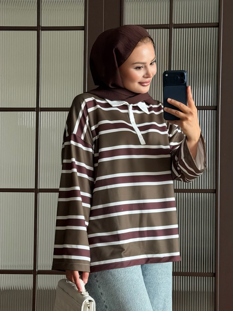 Polo Yaka Çizgili Sweat Haki