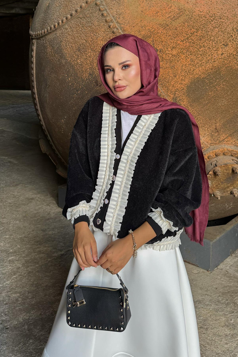 FIRFIR DETAYLI PELUŞ BELLA HIRKA SİYAH