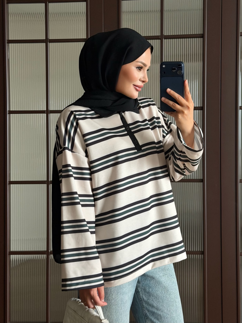 Polo Yaka Çizgili Sweat Siyah