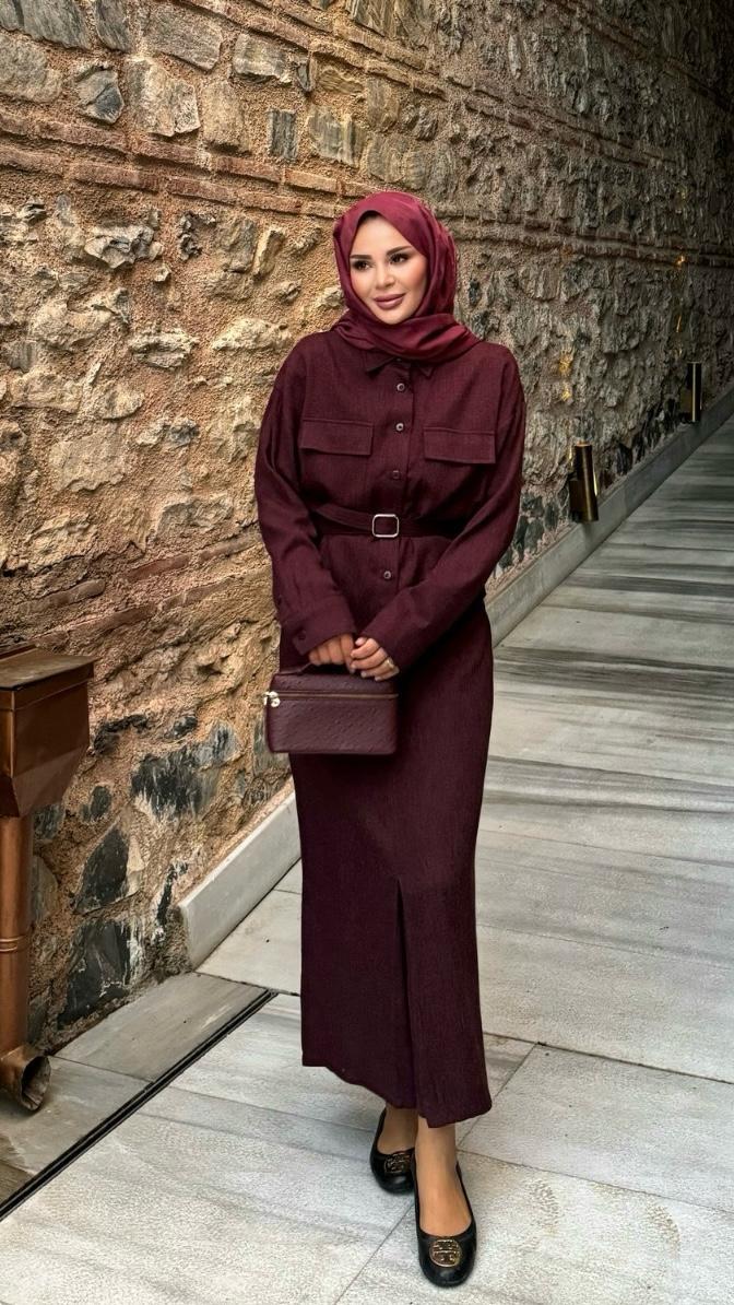 Oduncu Kumaş Gömlekli Etekli Takım Bordo