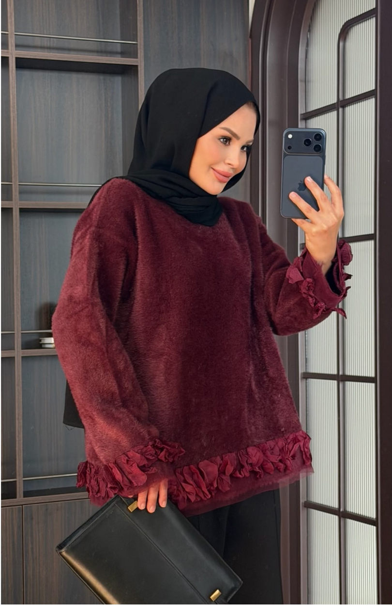 Yapraklı Angora Kazak Bordo