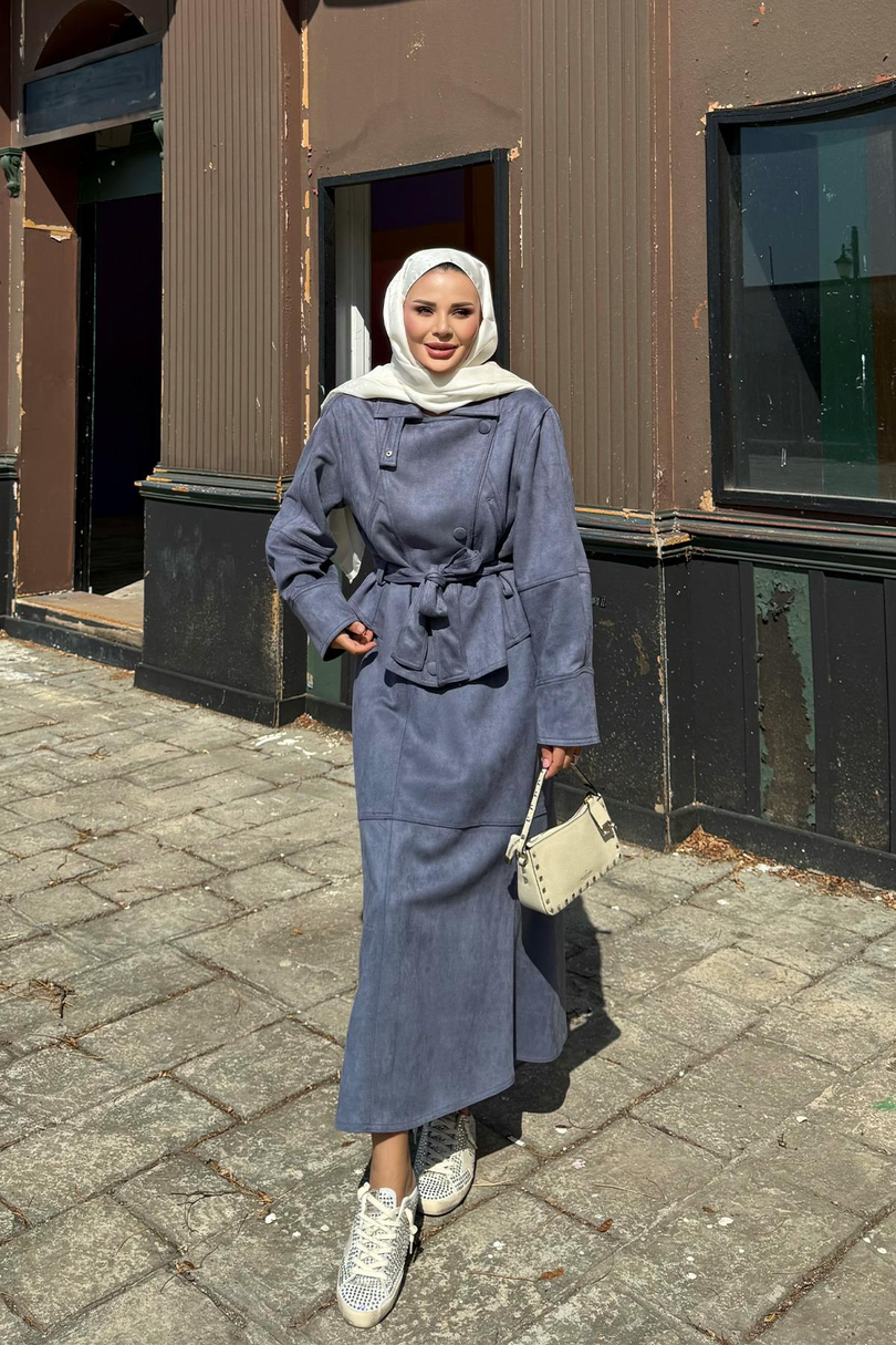 Süet Dokulu Bomber Ceketli Mercy  Etekli Takım Mavi