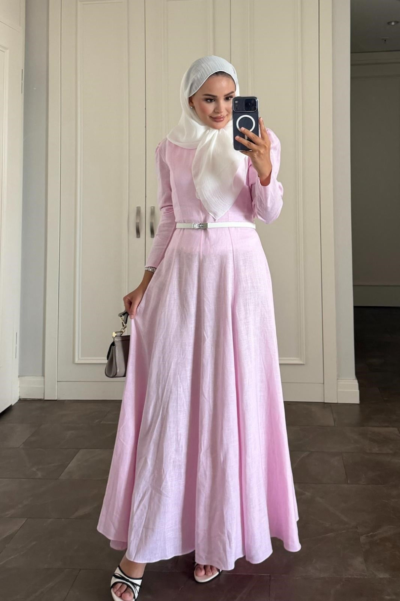 Ham Keten Elbise Pembe