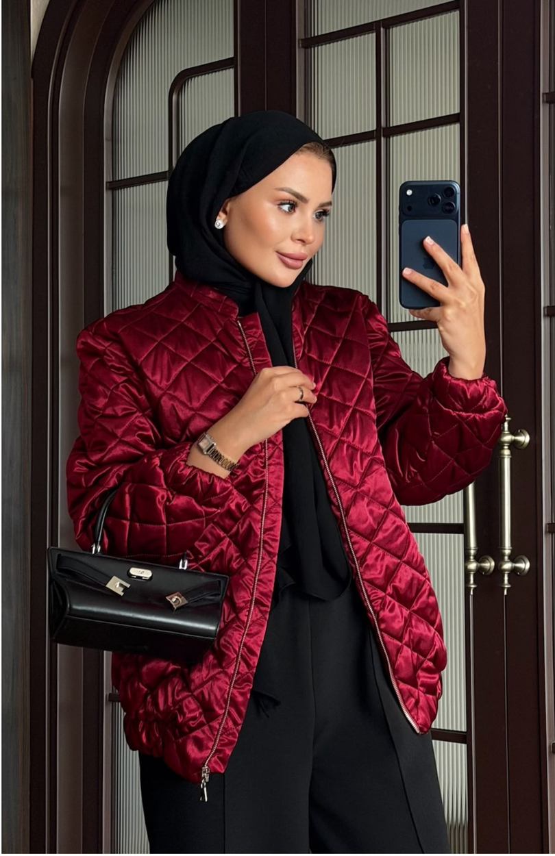 Saten Bomber Ceket Bordo