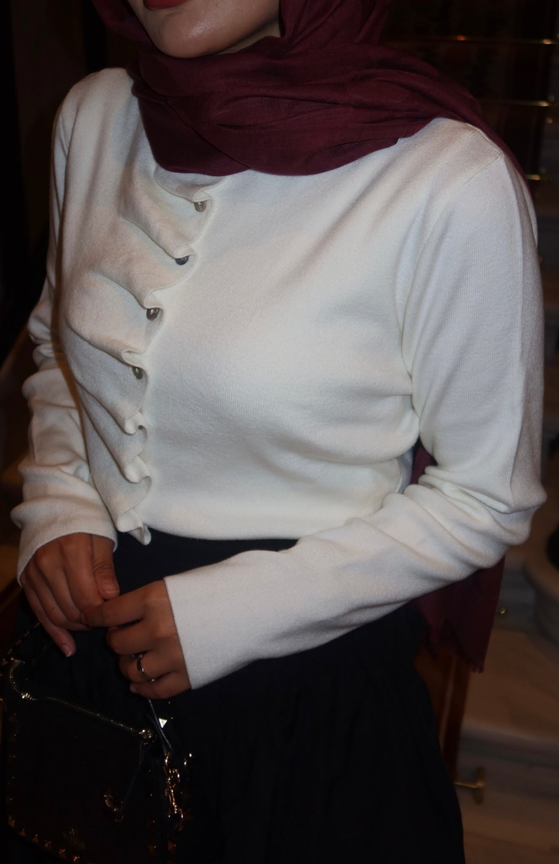 Fırfırlı Triko Hırka Ekru