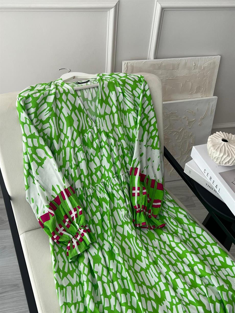 GEOMETRİK DESENLİ VİSKON ELBİSE YEŞİL