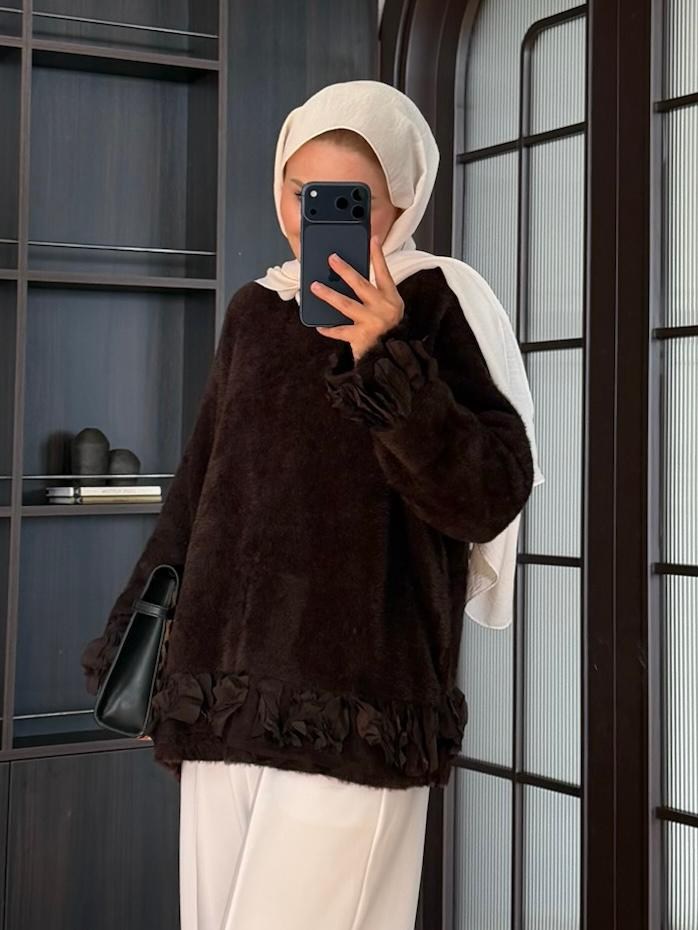 Yapraklı Angora Kazak Kahve