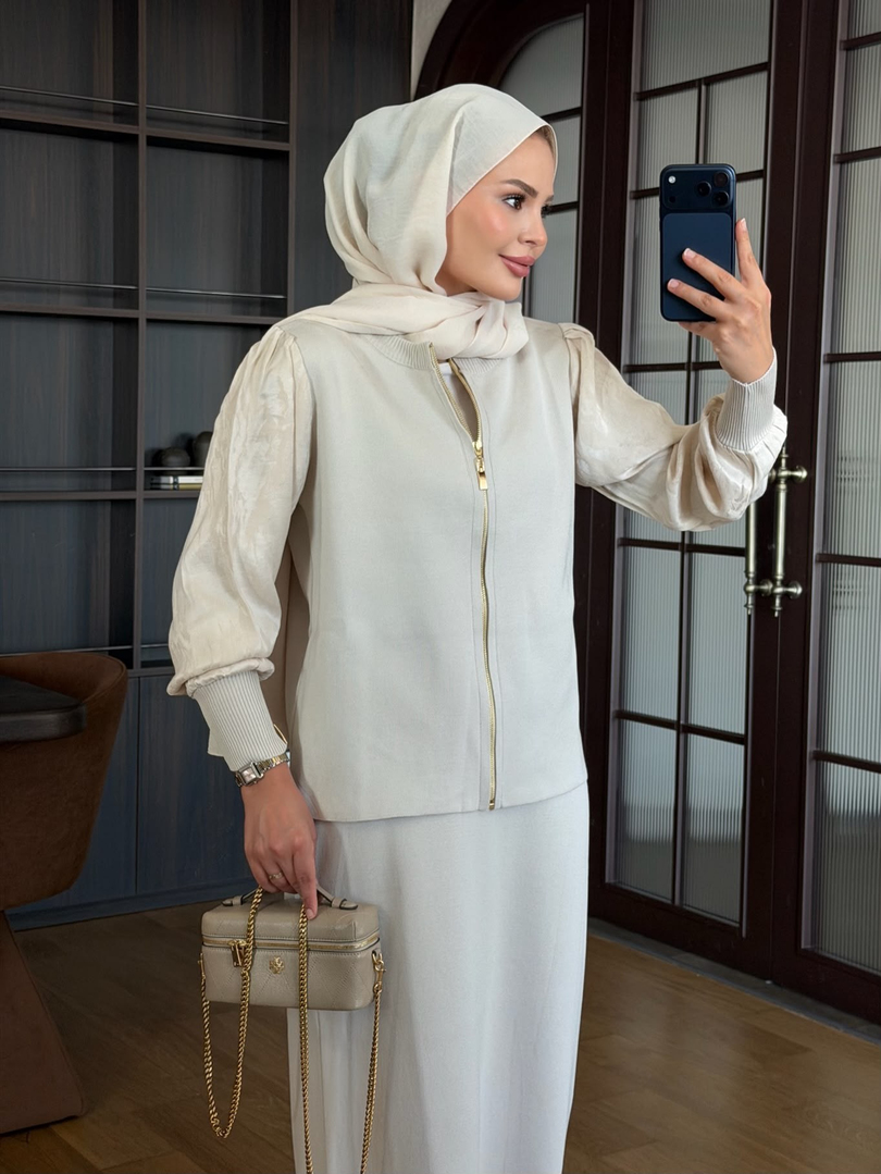 Kolu Jakarlı Triko Takım Bej