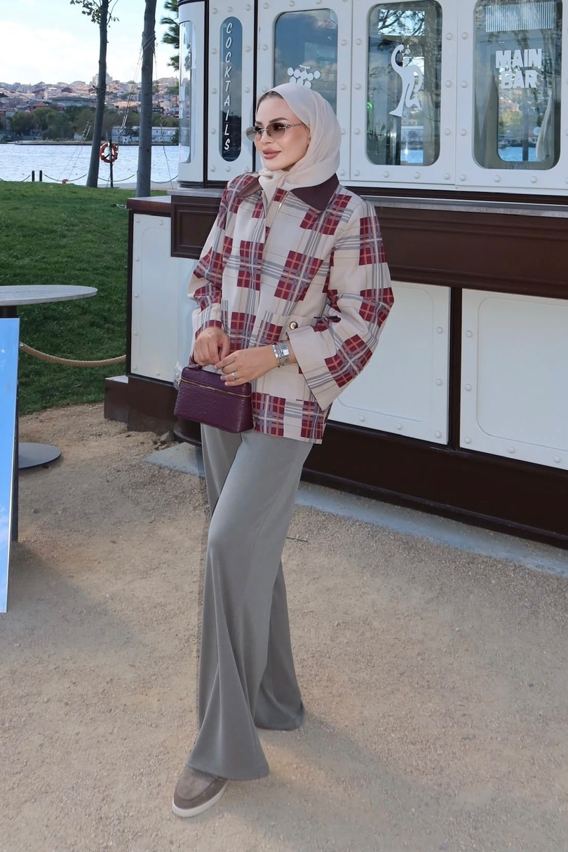 Ekose Desenli Ceket Bordo Kahve