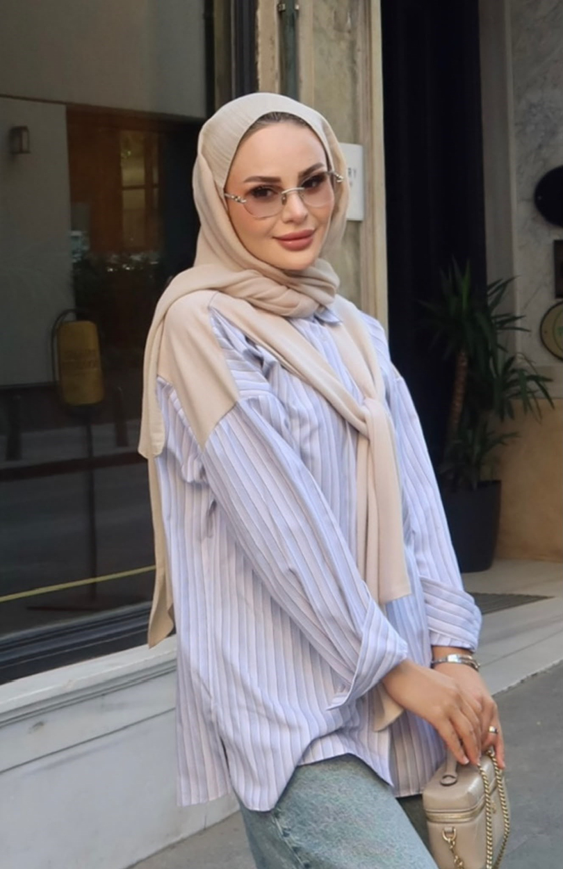 Sweat Detaylı Çizgili Gömlek Bej