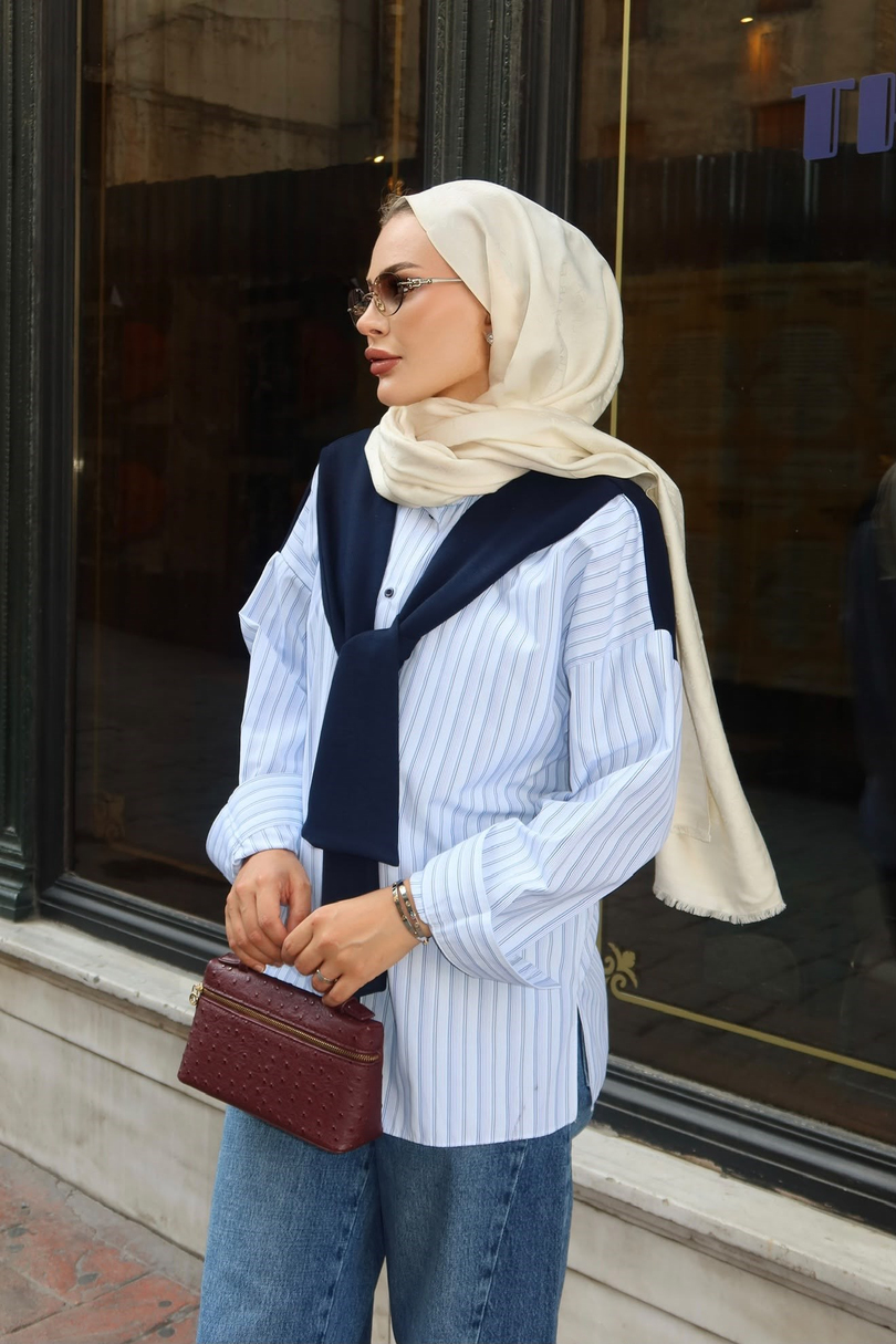 Sweat Detaylı Çizgili Gömlek Mavi