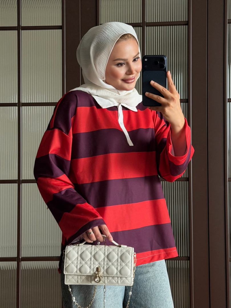 Polo Yaka Çizgili Sweat Kırmızı