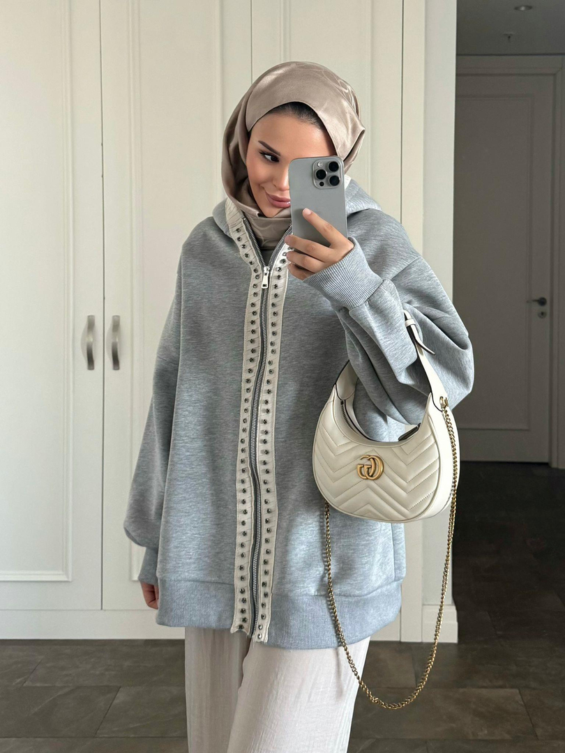 Taşlı Puf Sweat Gri