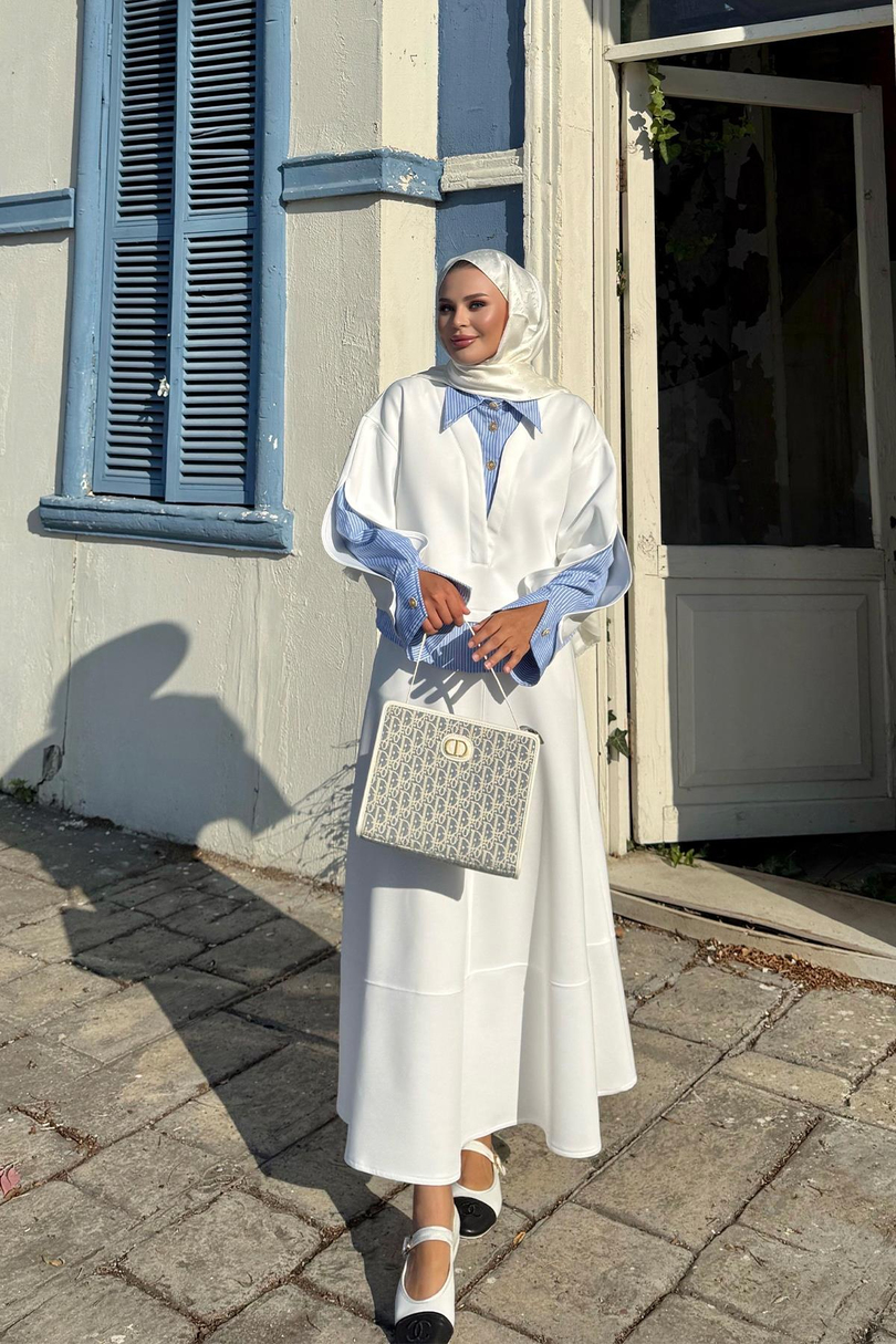 Çizgili Gömlek Detaylı Vuqa Scuba Etekli Takım Ekru