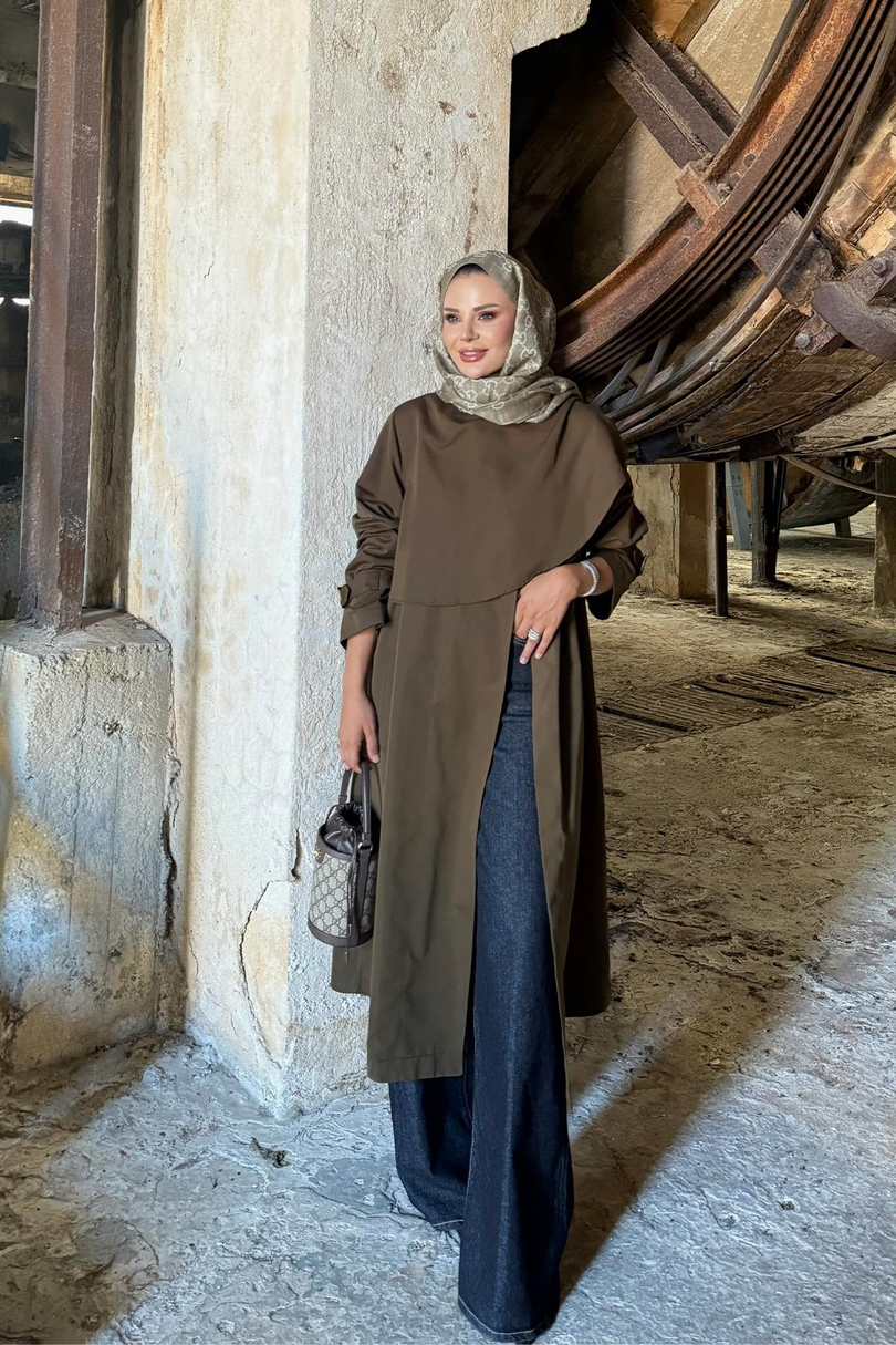 Broşlu Şal Yaka Trençkot Koyu haki