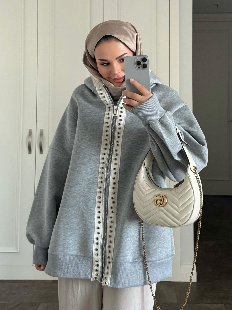 Taşlı Puf Sweat Gri