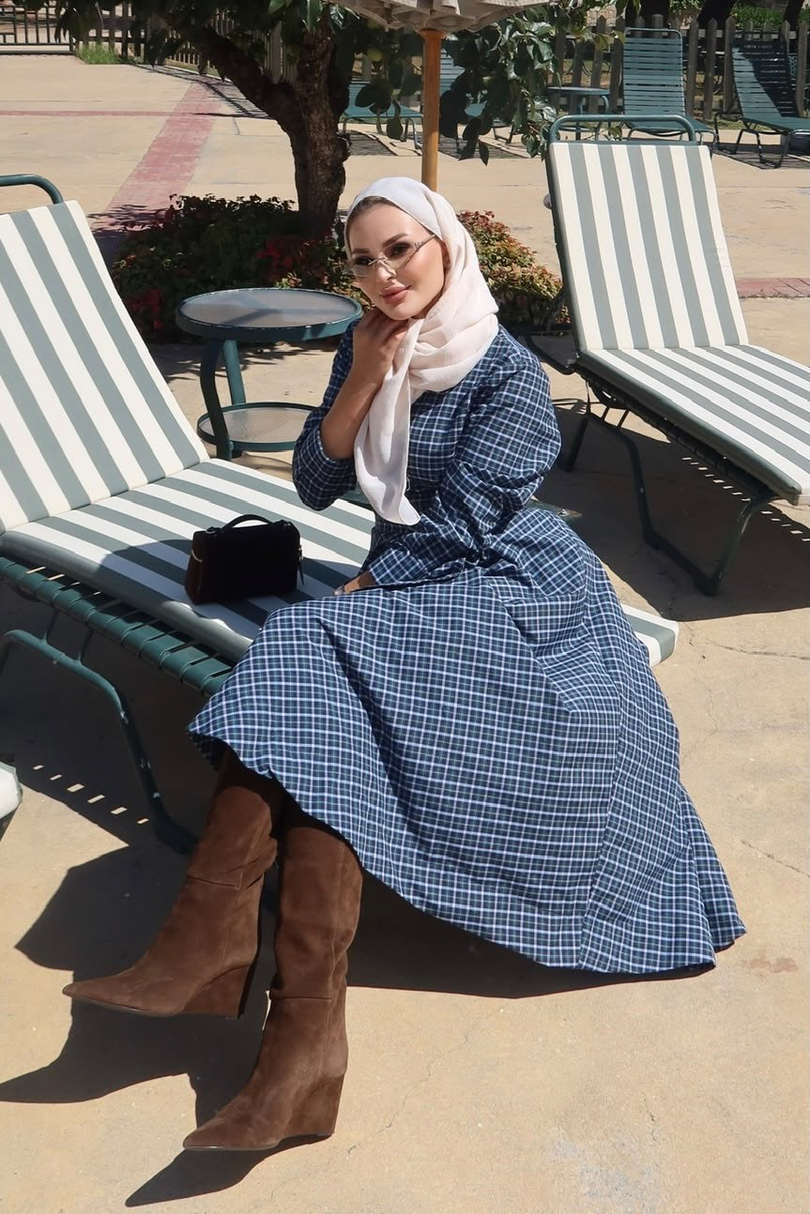 Ekose Desenli Elbise Yeşil Mavi