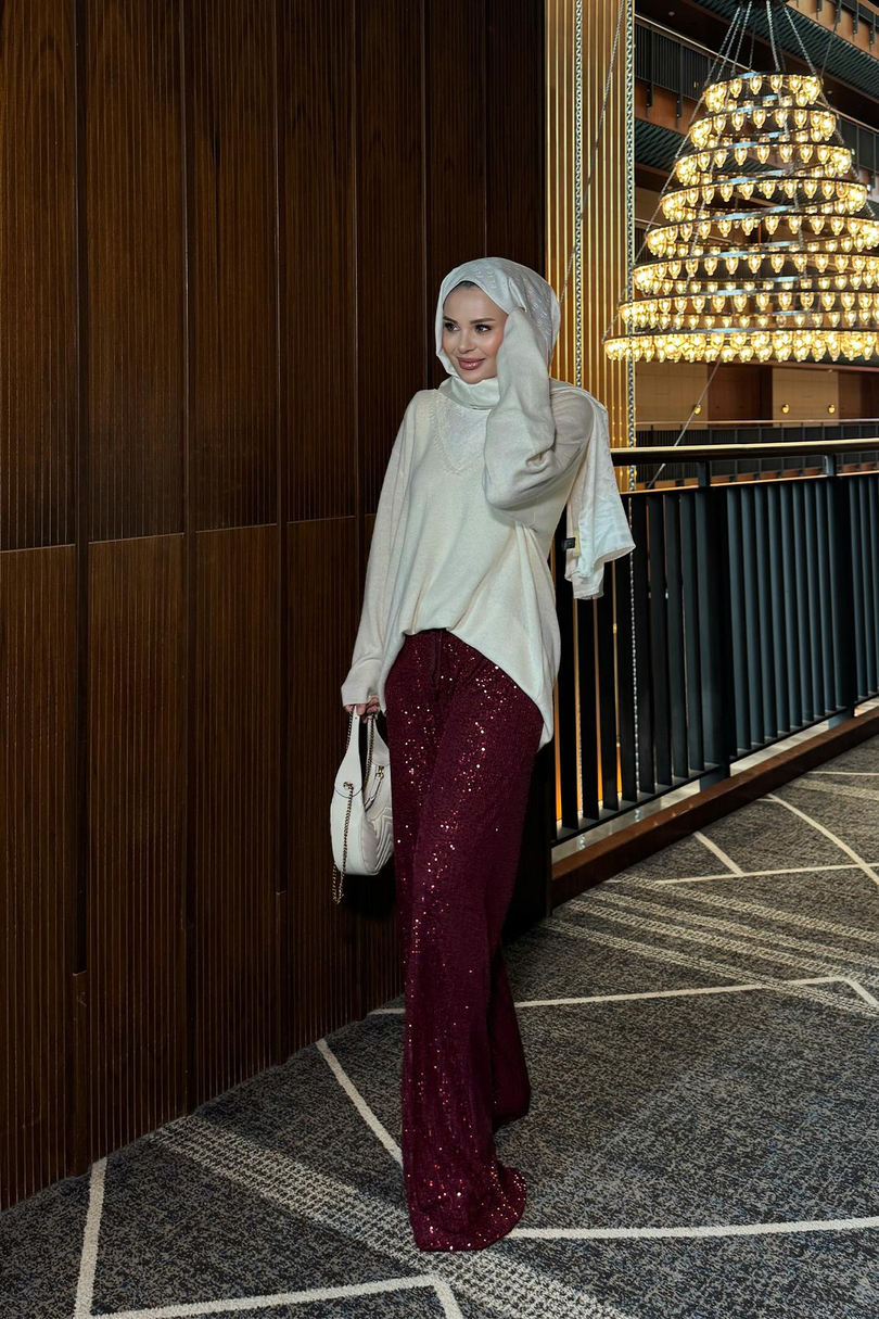 Pul Payetli Palazzo Kesim Bloom Pantolon Bordo