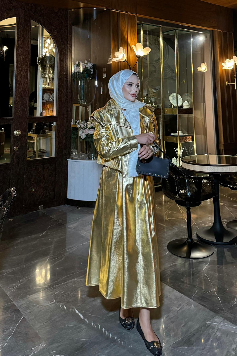 Omzu Taş Detaylı Metalik Azalea  Etekli Takım Gold