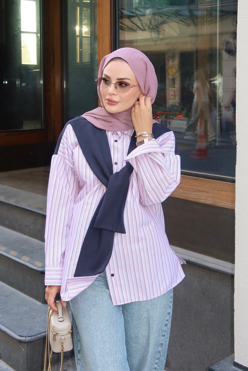 Sweat Detaylı Çizgili Gömlek Pembe