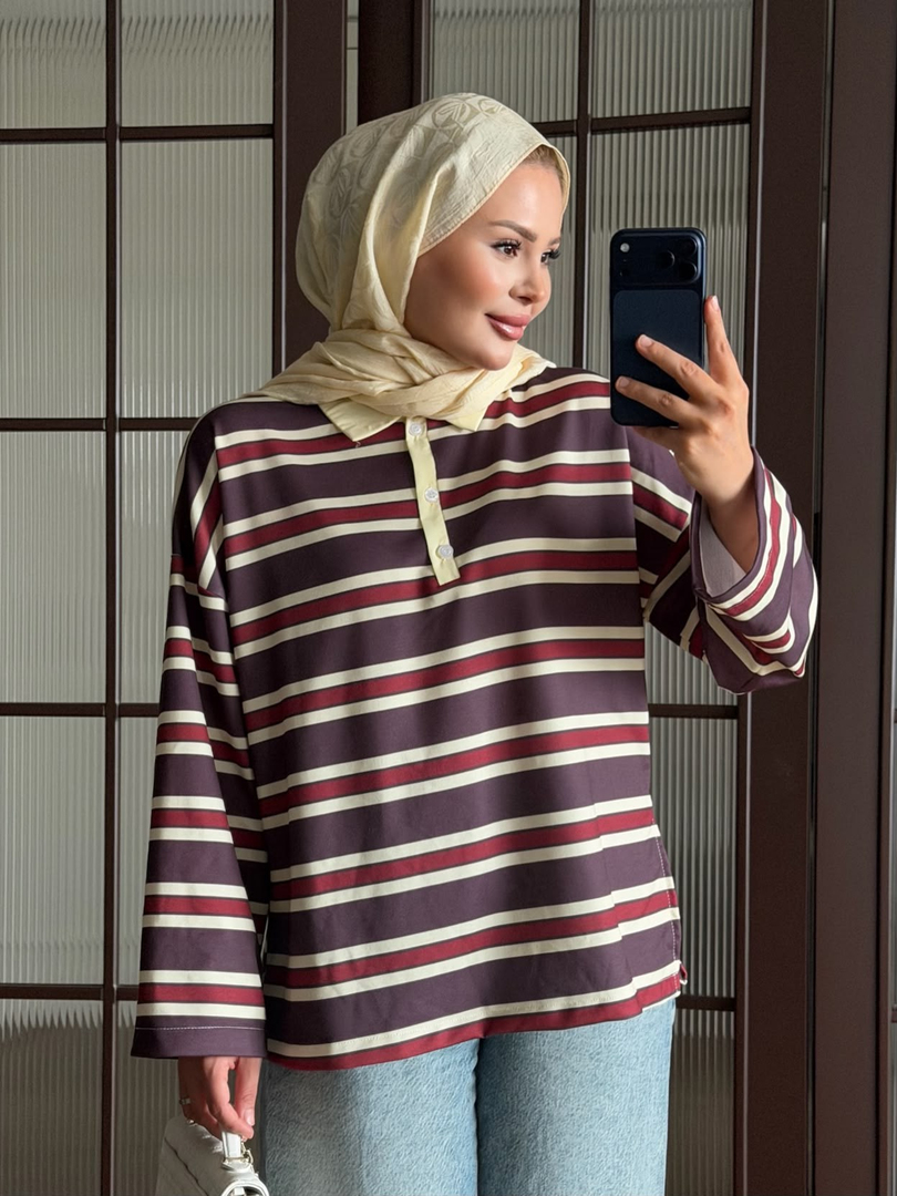 Polo Yaka Çizgili Sweat Bordo