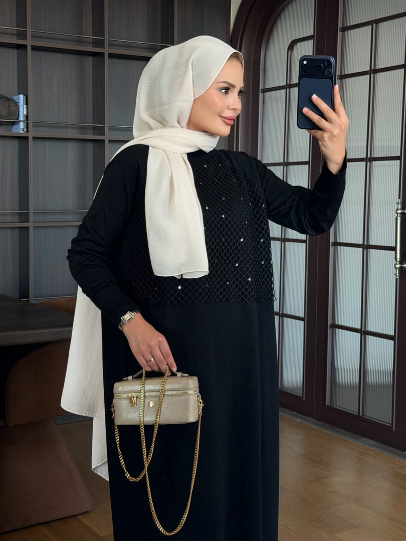 File Detaylı Triko Elbise Siyah