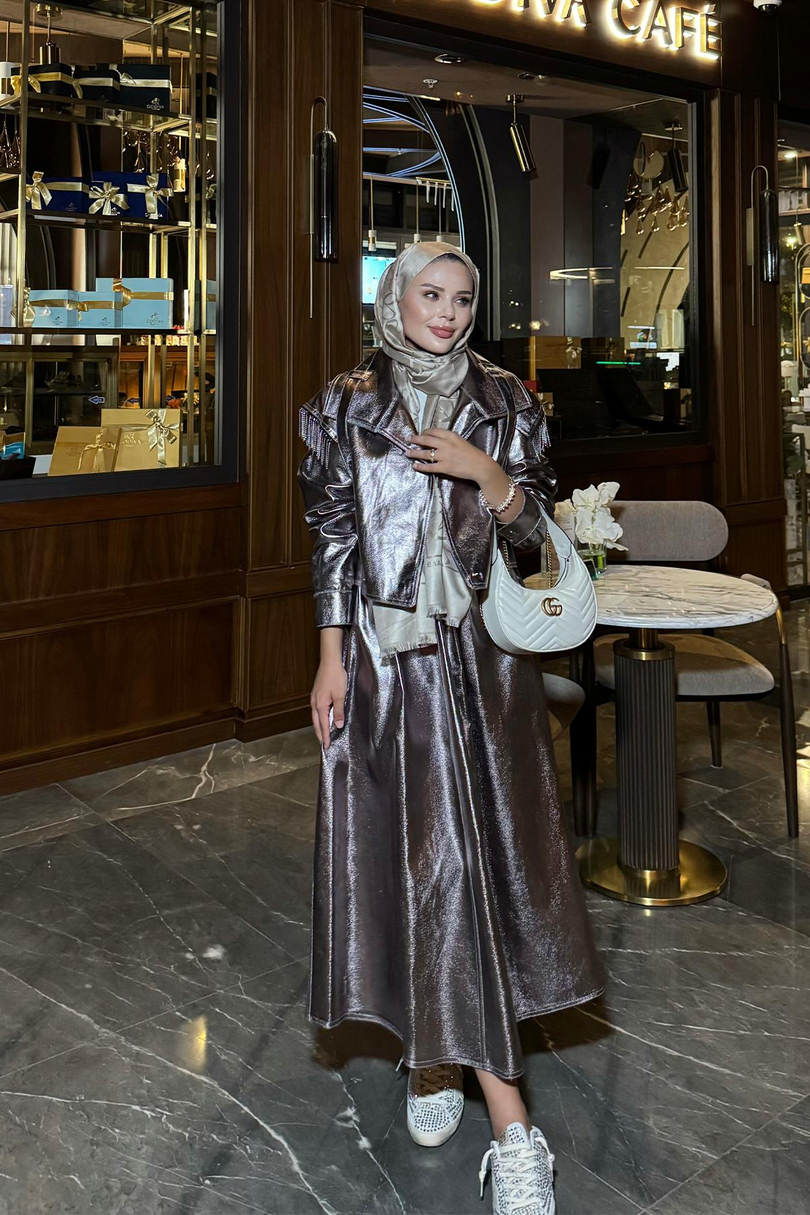 Omzu Taş Detaylı Metalik Azalea  Etekli Takım Bakır