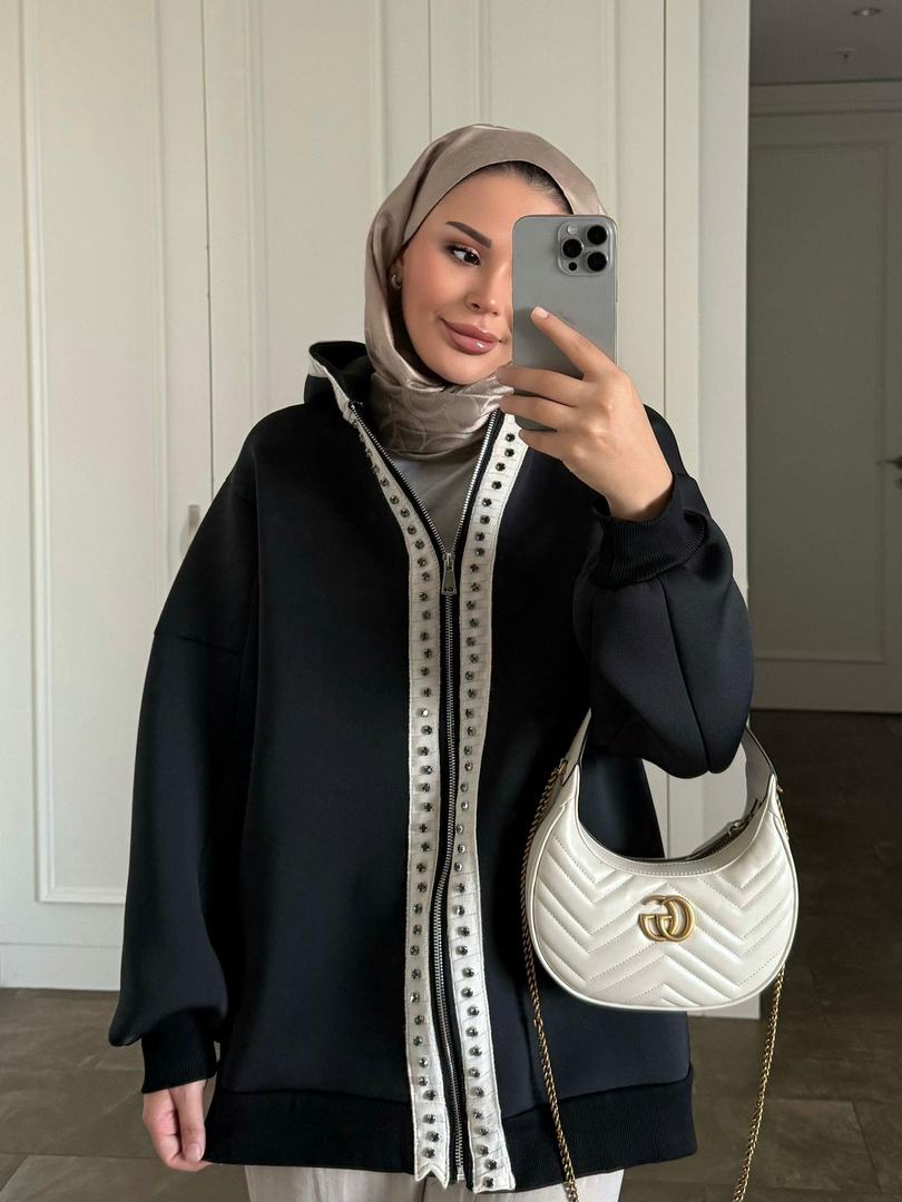 Taşlı Puf Sweat Siyah