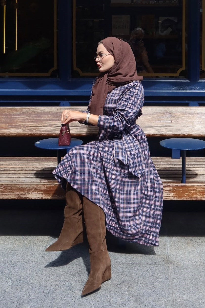 Ekose Desenli Elbise Bordo Lacivert