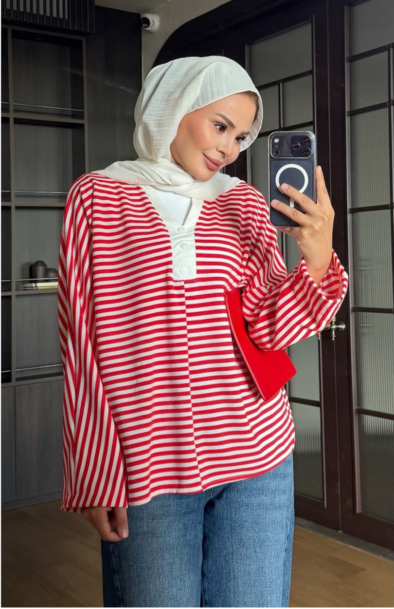 Çizgili Pamuk Body Kırmızı